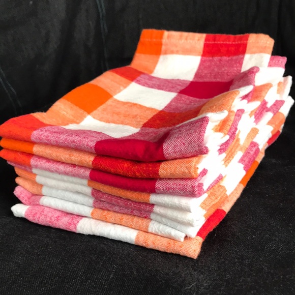 Magenta Orange White Cotton Check Napkins Set of 8 - Picture 2 of 5